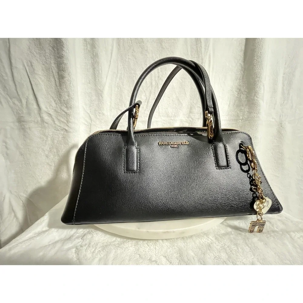 Karl Lagerfeld Paris Satchel Top Handle Bag Black with Gold Hardware Women's